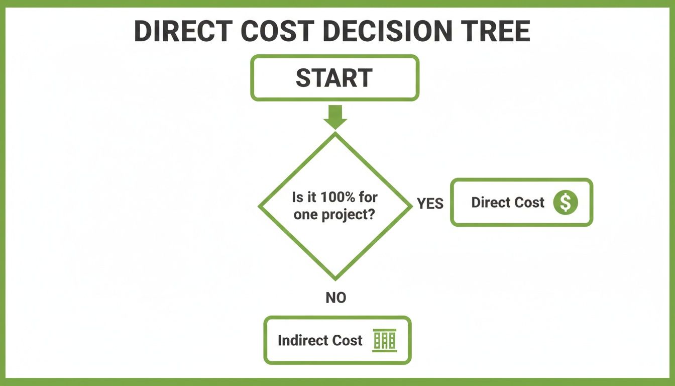 A direct cost decision tree flowchart determining if a cost is direct or indirect based on 100% project allocation.