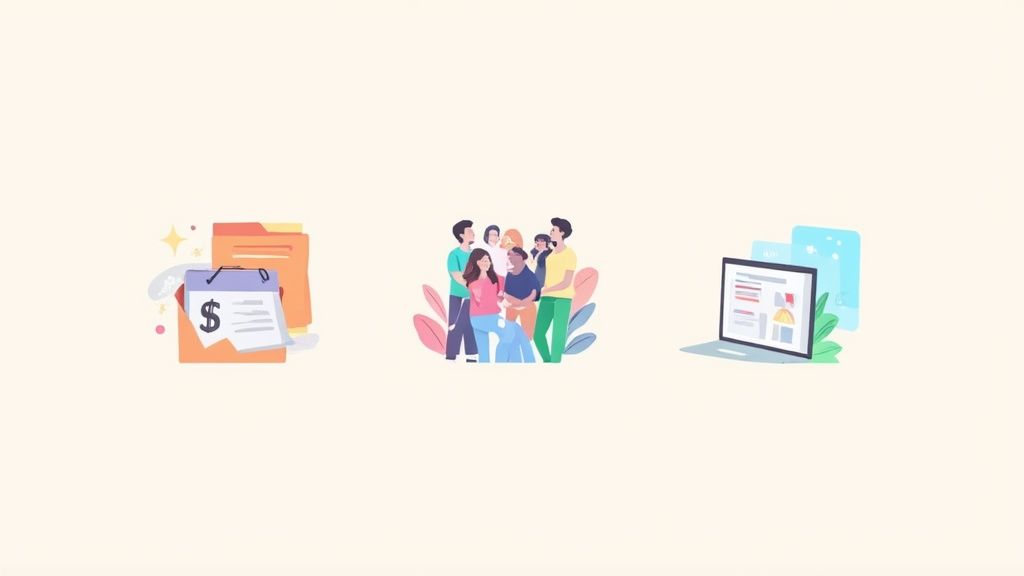 Illustrations of financial documents, a diverse team, and a laptop displaying project management software.