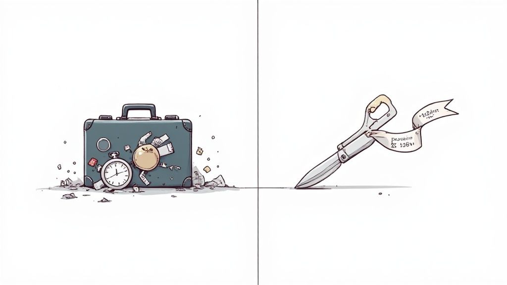 An illustration showing a chaotic, breaking briefcase and clock beside scissors cutting a line.