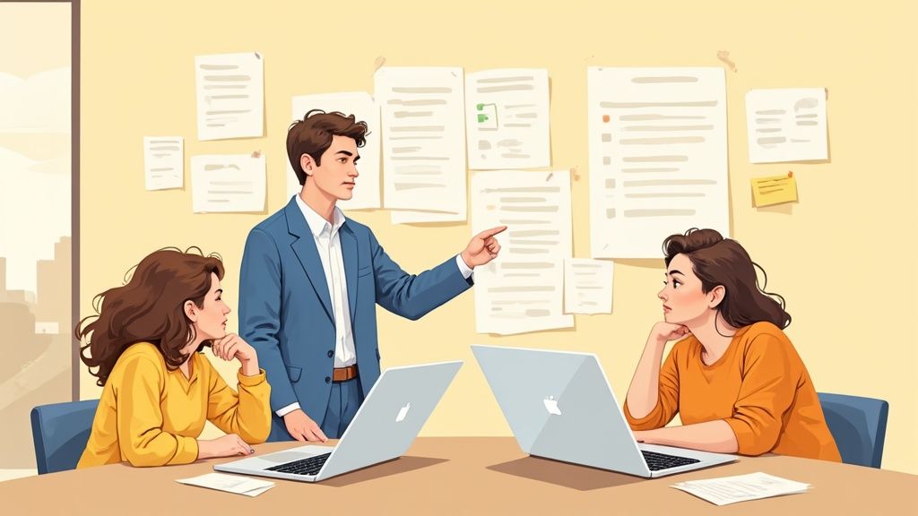 A man in a suit points at documents on a wall during a team meeting with two women.