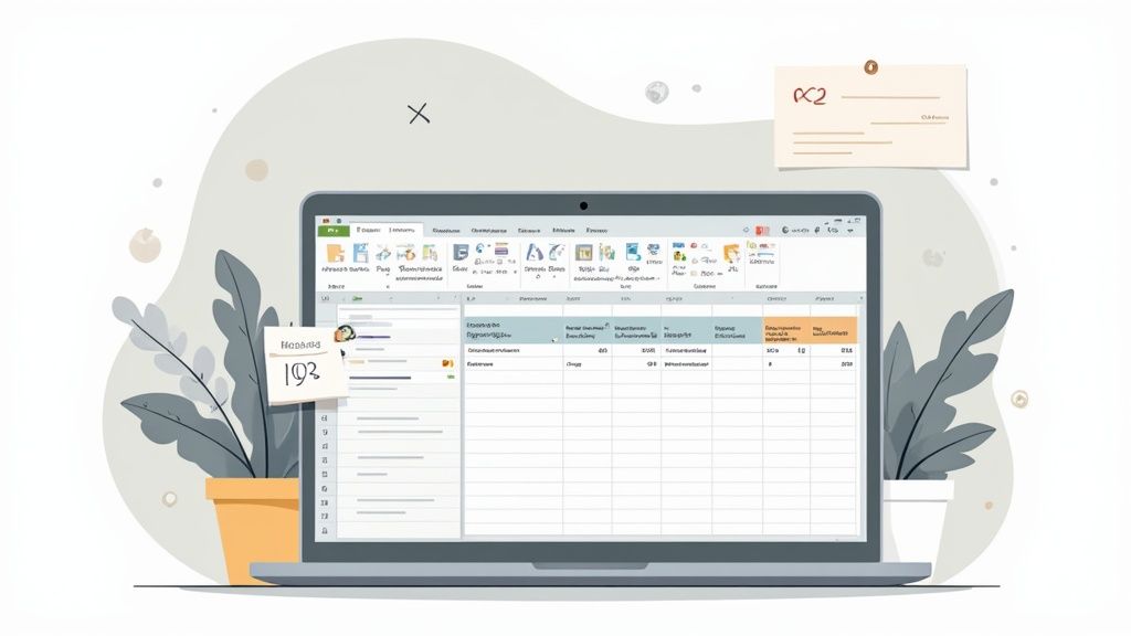 A laptop displays a detailed spreadsheet, possibly for grant tracking, in a clean, minimalist workspace.
