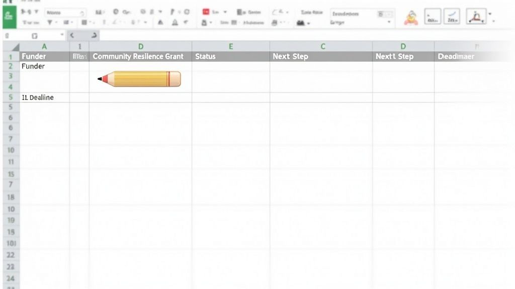 A spreadsheet template for tracking grants, displaying columns like Funder, Grant Name, Status, and Next Step.