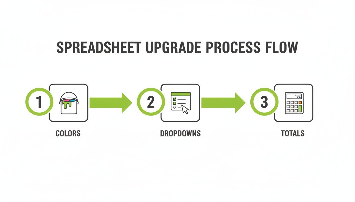 A diagram showing a spreadsheet upgrade process flow with three steps: 1. Colors, 2. Dropdowns, 3. Totals.