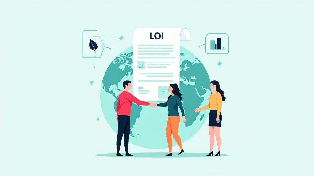 Two business people shake hands over a Letter of Intent document with a globe background, symbolizing global partnership.