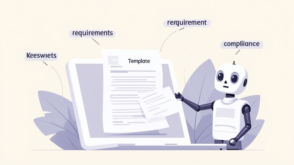 A friendly robot assists with document templates, requirements, and compliance on a laptop.
