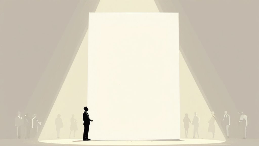 A man in a suit looks up at a large blank white screen under a spotlight, surrounded by an audience.