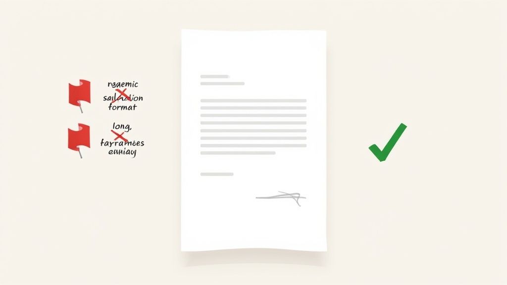 Visual guide showing a document with red flags for common mistakes and a green checkmark for approval.