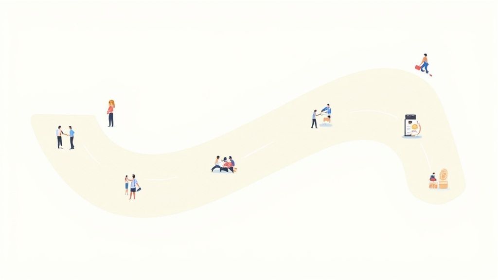 Abstract illustration of a business process or customer journey represented by a winding path with people and digital elements.