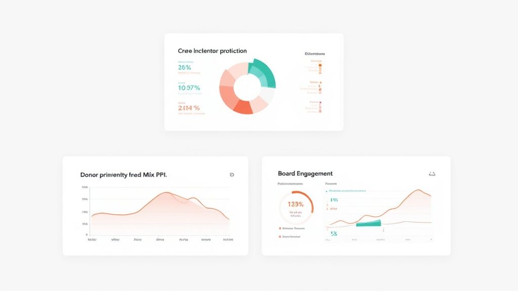 A digital dashboard displaying three cards with various data visualizations, charts, and metrics.