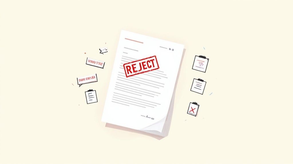 An overhead view of a document with a prominent red 'REJECT' stamp, surrounded by various notes and clipboards, indicating disapproval.