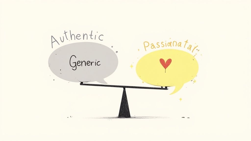 An illustration of a balance scale weighing 'Authentic Generic' against 'Passianatal' with a heart.