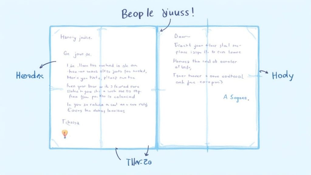 Diagram illustrating a two-page document layout with handwritten text and various annotated sections.