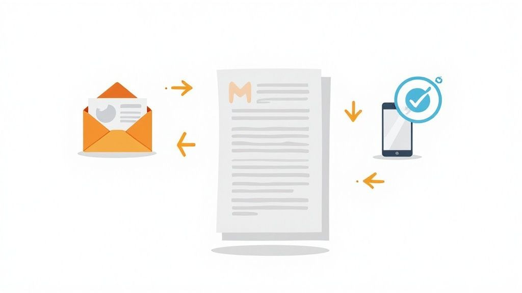 Workflow diagram showing an envelope, a document with 'M', and a smartphone with a checkmark.