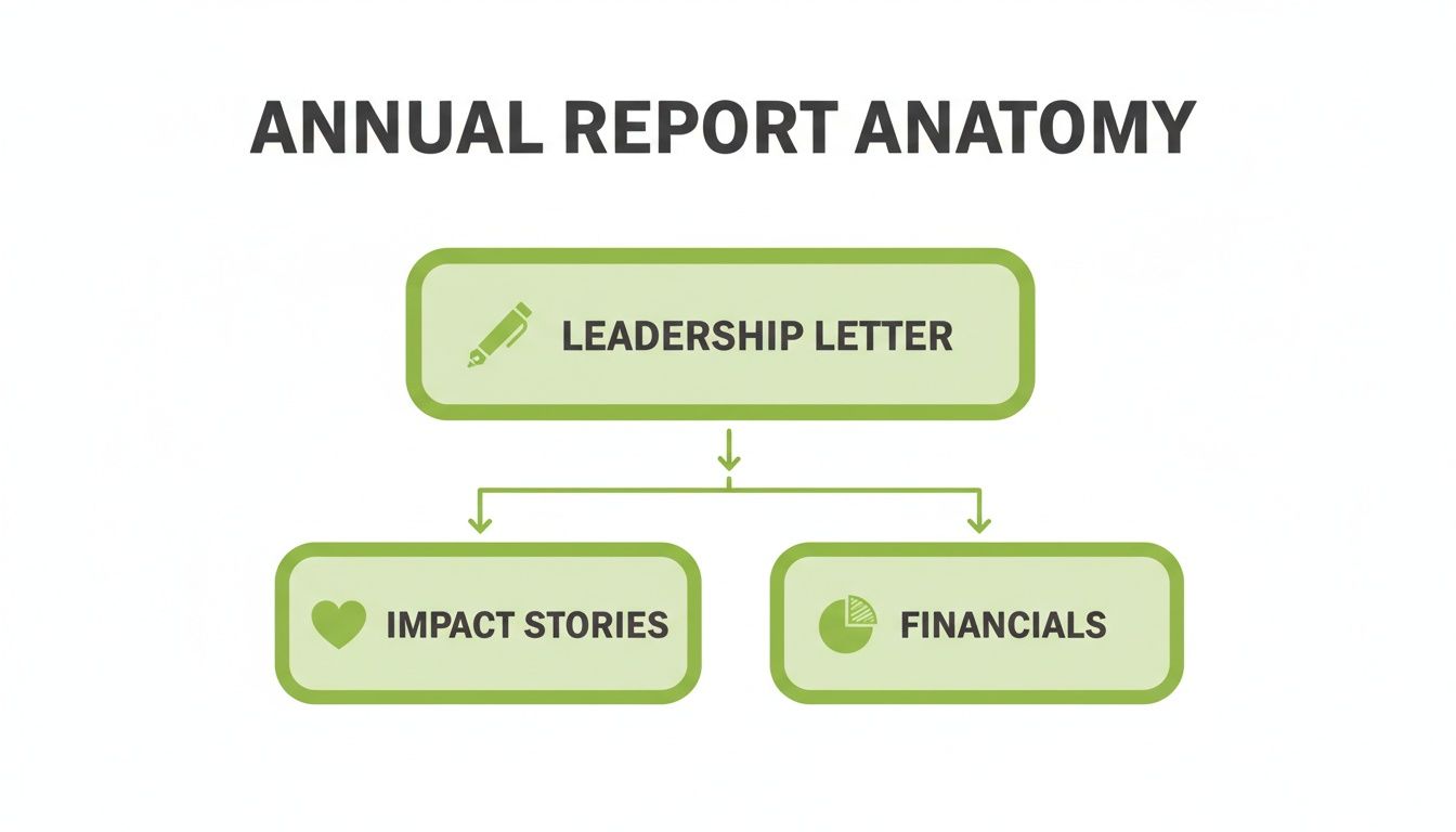 Flowchart illustrating the anatomy of an annual report, featuring leadership letter, impact stories, and financials.