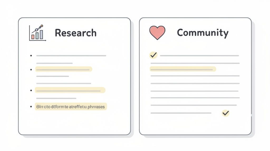 Illustration of two business cards labeled 'Research' and 'Community', detailing lists with highlights and checkmarks.