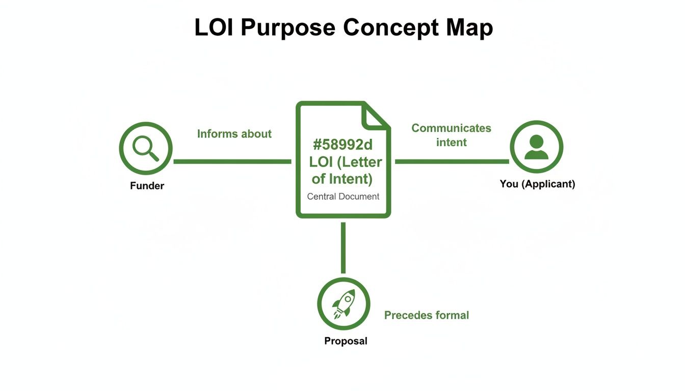 Concept map illustrating the purpose of an LOI (Letter of Intent) in grant applications.