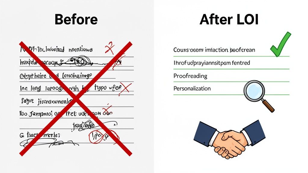 Before and After LOI comparison showing messy, crossed-out text transforming into clean, proofread lines with a handshake.