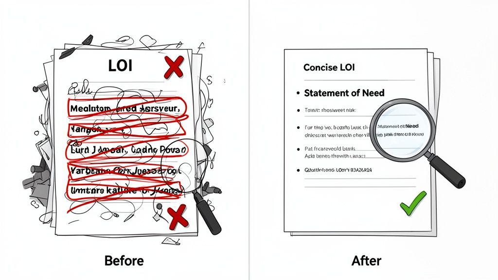 Messy, rejected LOI document transforms into a concise, approved one, emphasizing clarity.