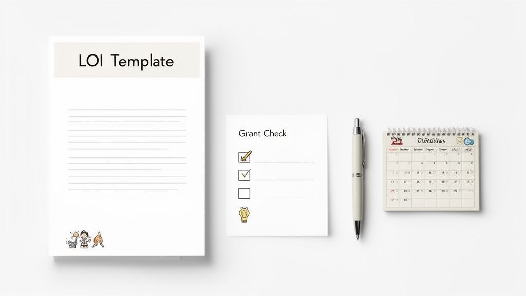 A desk setup with an LOI template document, a grant checklist, a pen, and a deadline calendar.