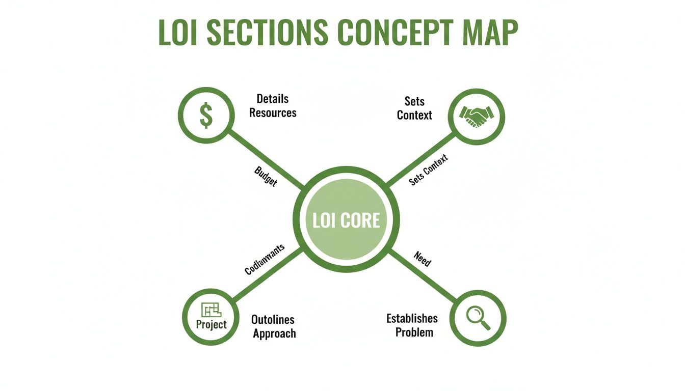 LOI sections concept map displaying LOI Core linked to resources, context, problem, and project approach.