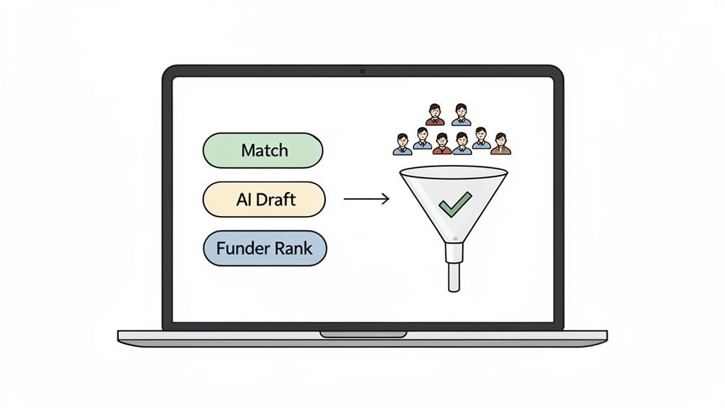 Laptop screen shows Match, AI Draft, Funder Rank options filtering people through a funnel with a checkmark.