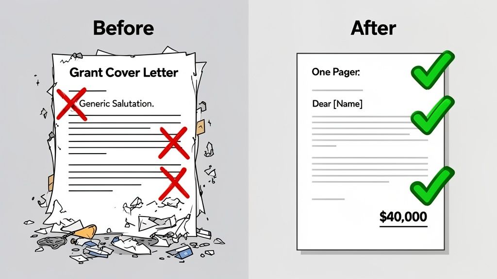 Before and after comparison of grant cover letters, showing a rejected generic letter versus a successful one-pager receiving $40,000.