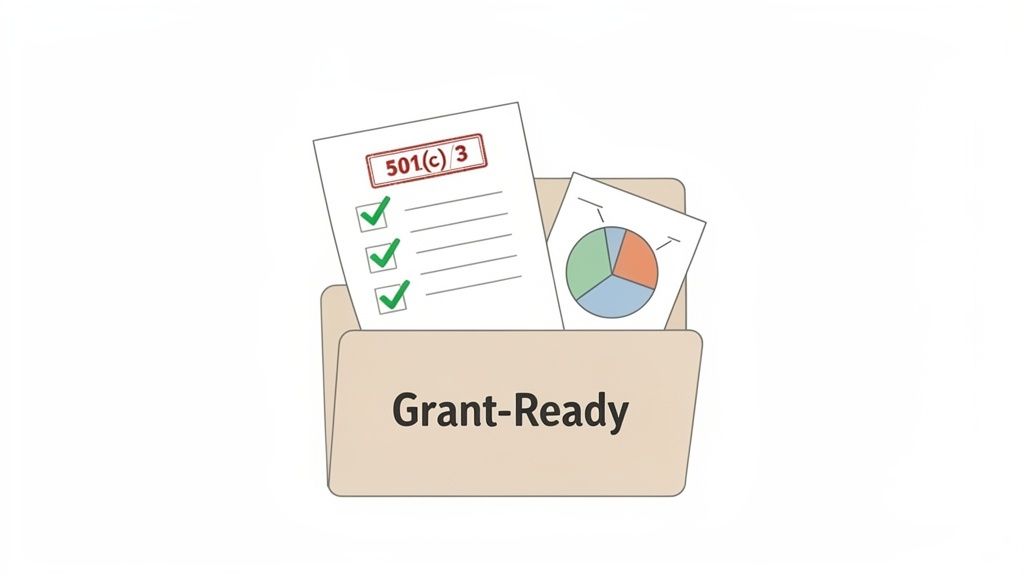 A 'Grant-Ready' file folder with documents, including a 501(c)3 checklist and a pie chart.