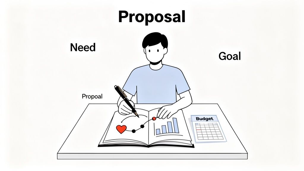 Illustration of a person writing a proposal, outlining needs, goals, and budget on a desk.