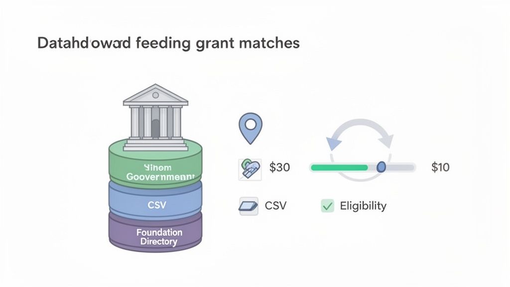 Illustration showing data input from government, CSV, and foundations for grant matching and eligibility.