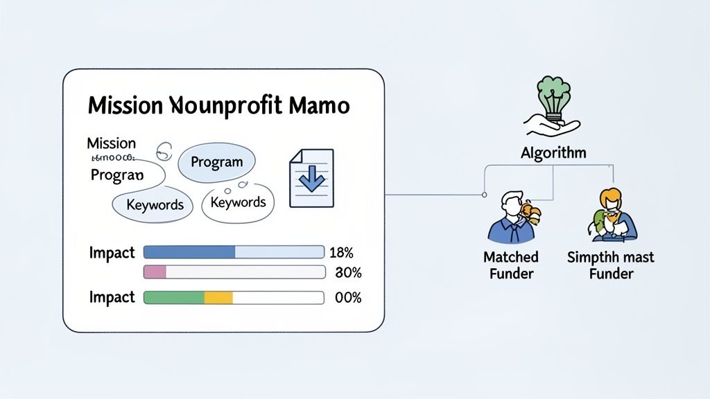 Diagram showing an algorithm matching a nonprofit's mission, programs, and keywords with potential funders.