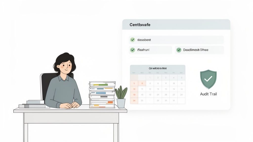 A person sits at a desk with documents, next to a digital interface showing tasks, calendar, and audit trail icon.