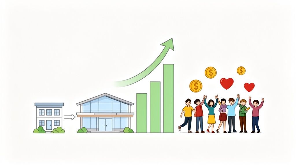 Illustration of a house transforming, a growing bar chart, and happy people with money and hearts.