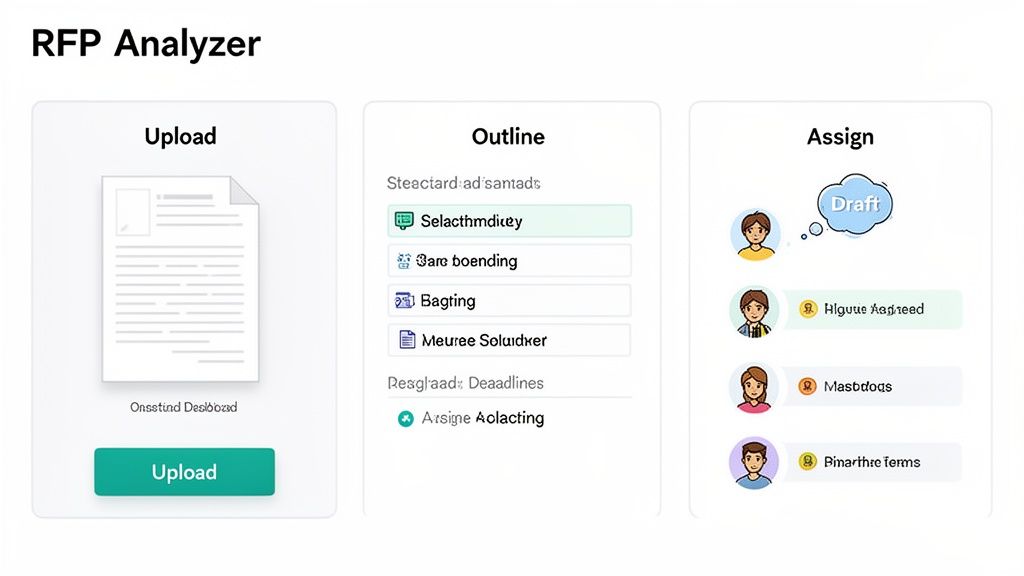 A digital RFP Analyzer dashboard displaying upload, outline, and task assignment steps for project management.