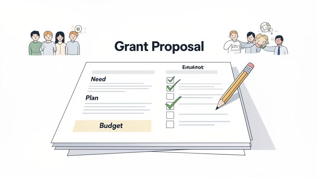 Illustration of a grant proposal document with a checklist, a pencil, and diverse teams collaborating on ideas.