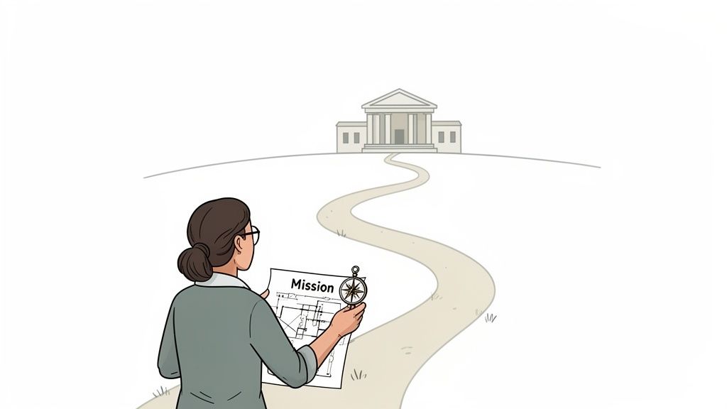 A woman with a mission document and compass navigates a winding path towards a grand building.