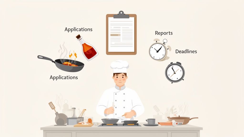 A chef cooking, surrounded by floating applications, reports, and deadlines, symbolizing efficient task management.