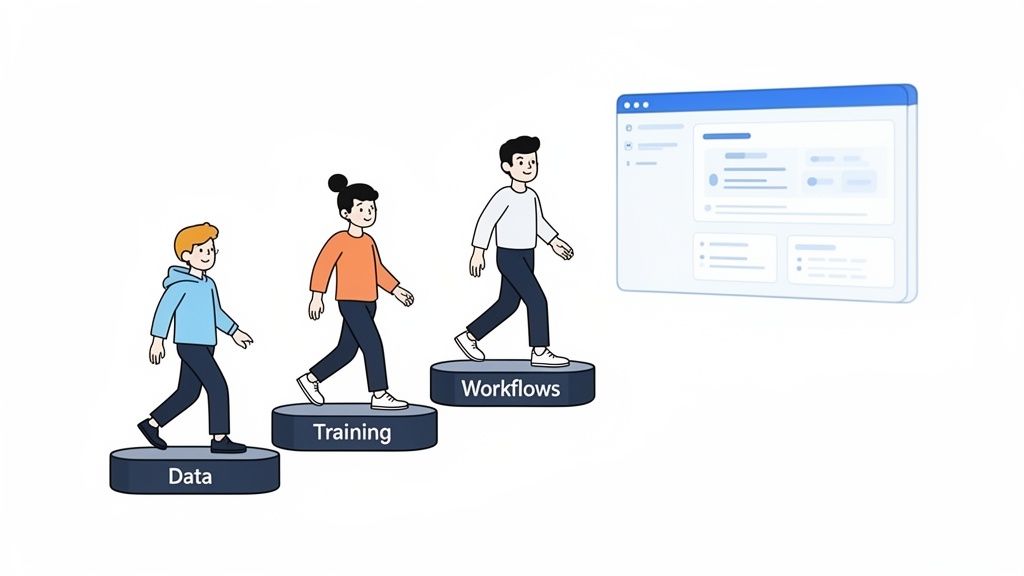 Three people progress through data, training, and workflows steps towards a management software interface.