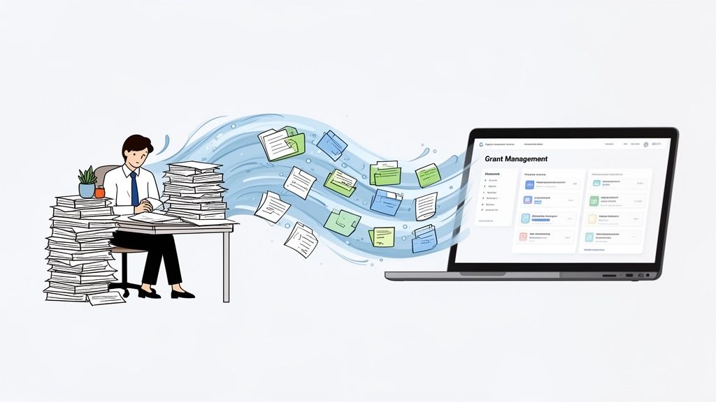 A man at a desk with paper stacks, as documents flow into a laptop showing grant management software.