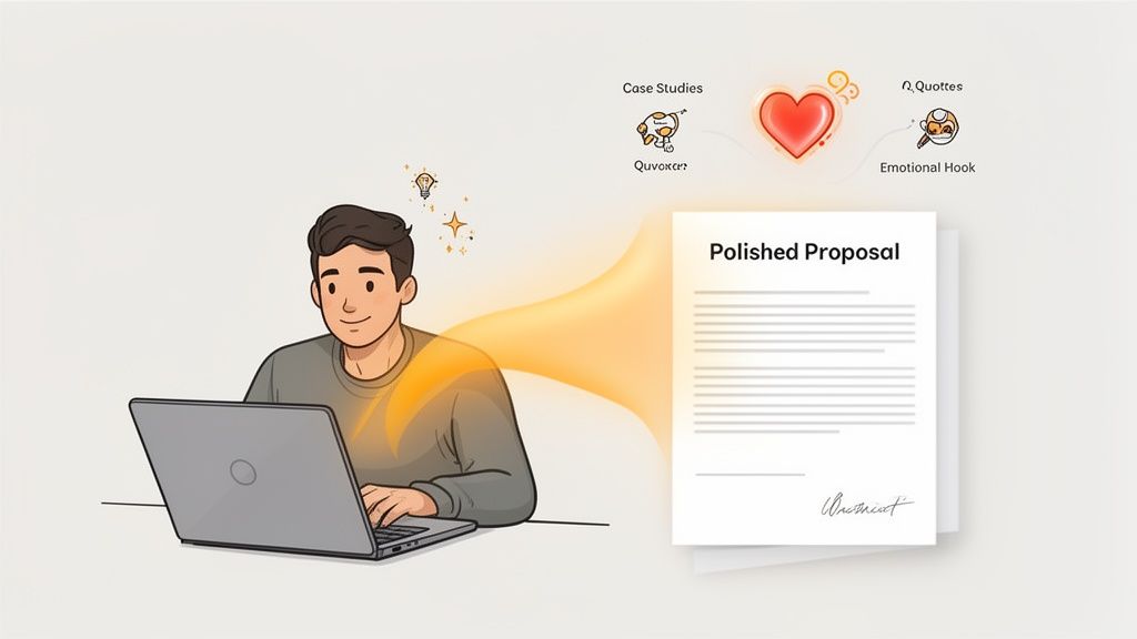 A man crafts a polished proposal on a laptop, incorporating case studies, quotes, and emotional hooks for impact.