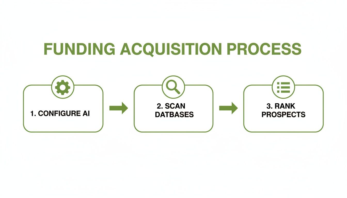 A workflow diagram illustrating a three-step funding acquisition process: Configure AI, Scan Databases, Rank Prospects.