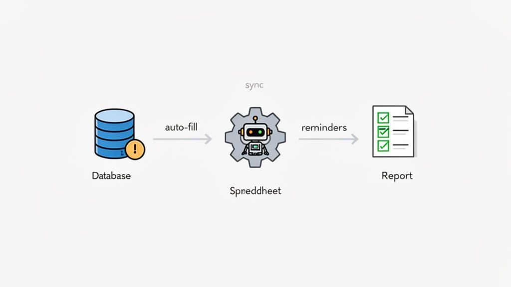 Diagram illustrating data auto-filling from a database into a spreadsheet for generating reports with reminders.