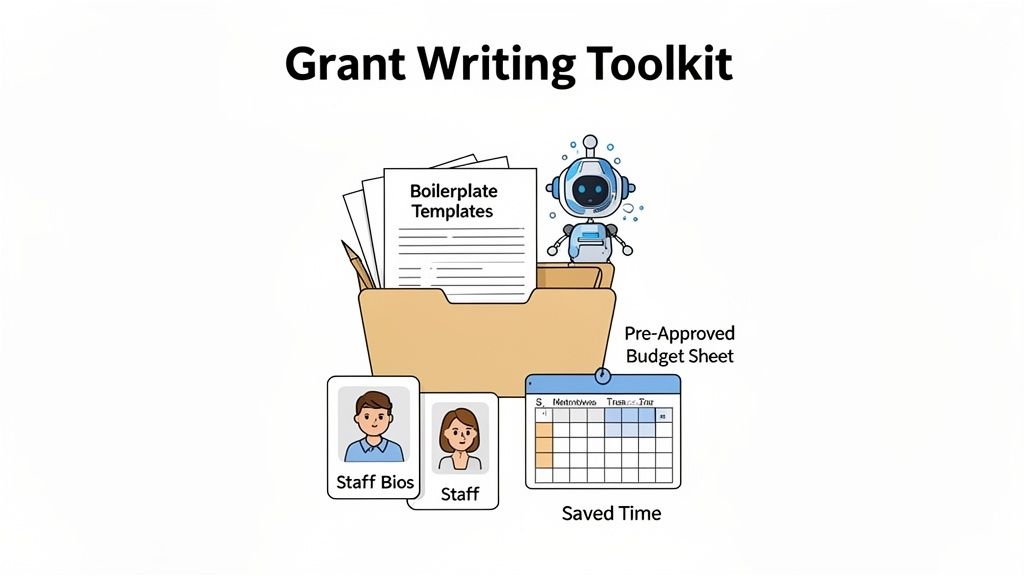 A visual toolkit for grant writing, featuring templates, staff bios, pre-approved budget sheets, and a helpful robot.
