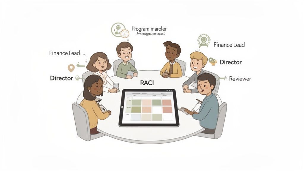 Cartoon illustration of a diverse team collaborating around a table, reviewing a RACI matrix on a tablet.