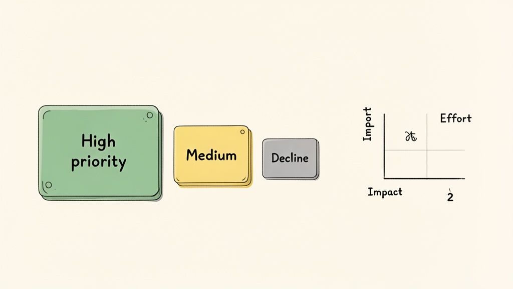 A diagram showing three cards labeled 'High priority', 'Medium', and 'Decline', next to an impact and effort matrix.