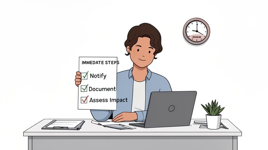 A person at a desk holds a checklist for immediate steps with a deadline clock visible.