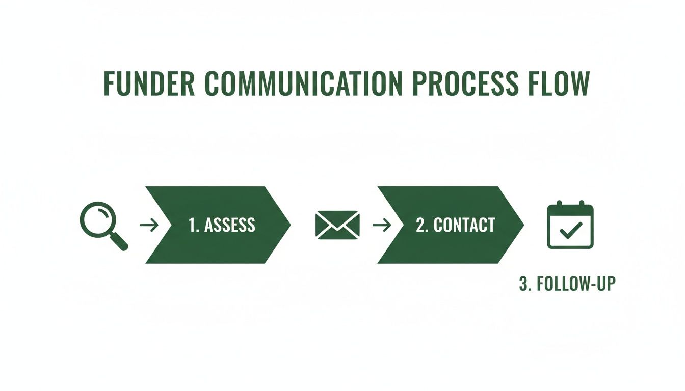 A visual flow chart illustrating the funder communication process: Assess, Contact, and Follow-up.