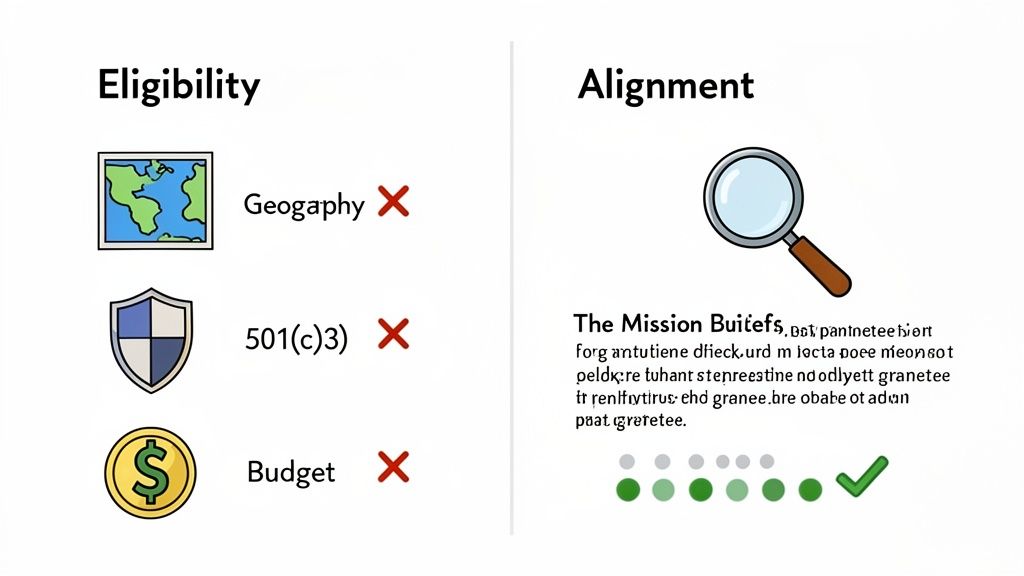 A diagram contrasting grant eligibility and mission alignment, showing rejections for eligibility and success for alignment.