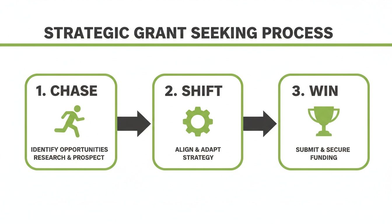 A three-step strategic grant seeking process: 1. Chase, 2. Shift, 3. Win, with icons.