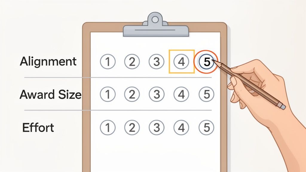 Hand using a pencil to rate 'Alignment' as 5 on a performance review clipboard.