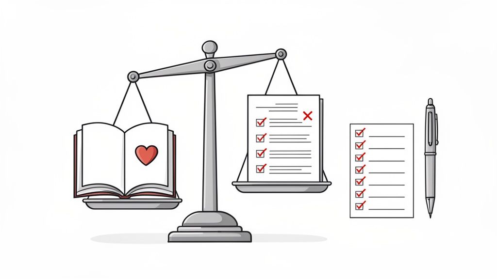 Symbolic image of a scale weighing emotional effort (book with heart) against task completion (checklists).